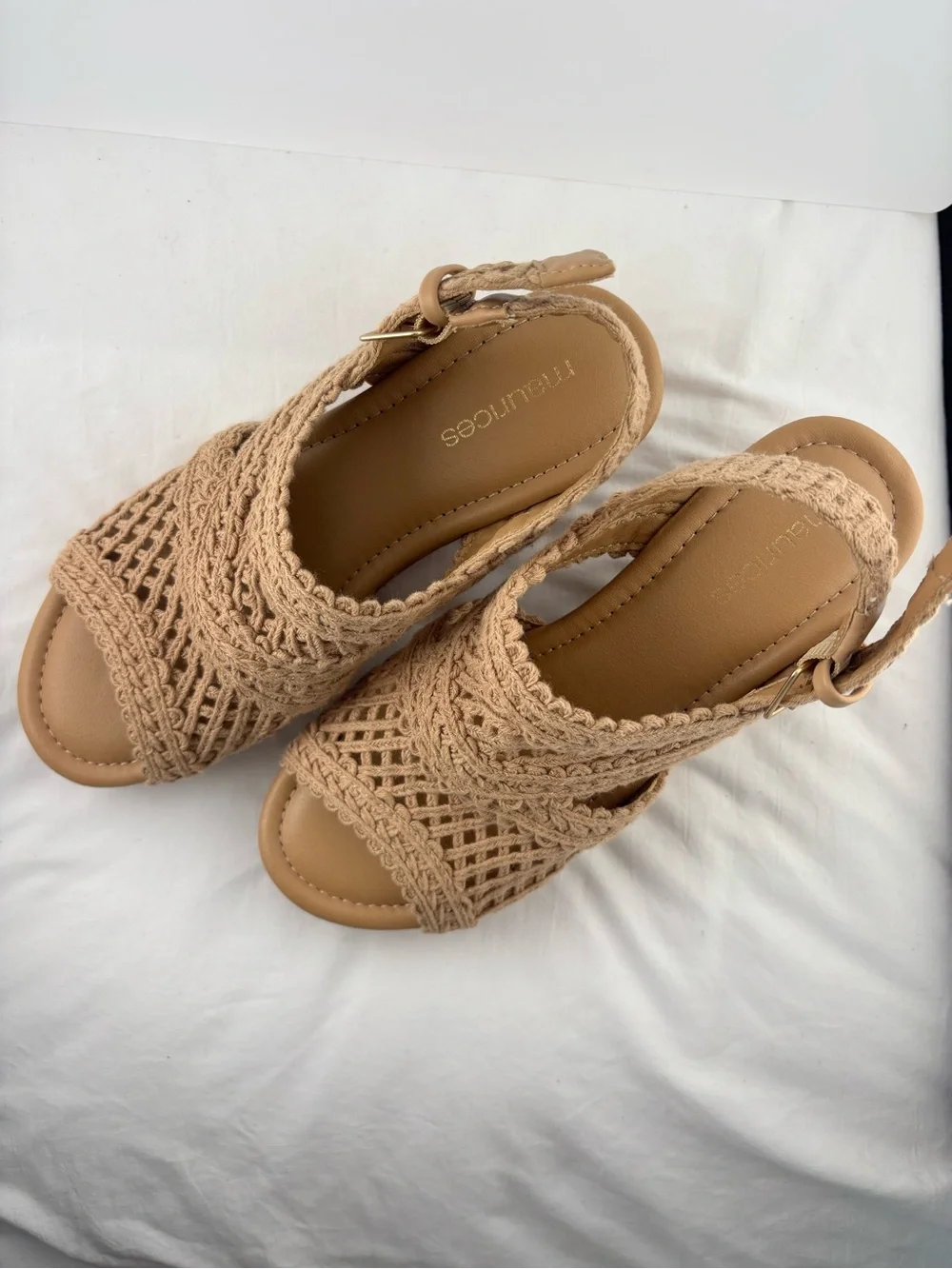 Maurices Tan Crochet Cork Platform Wedges